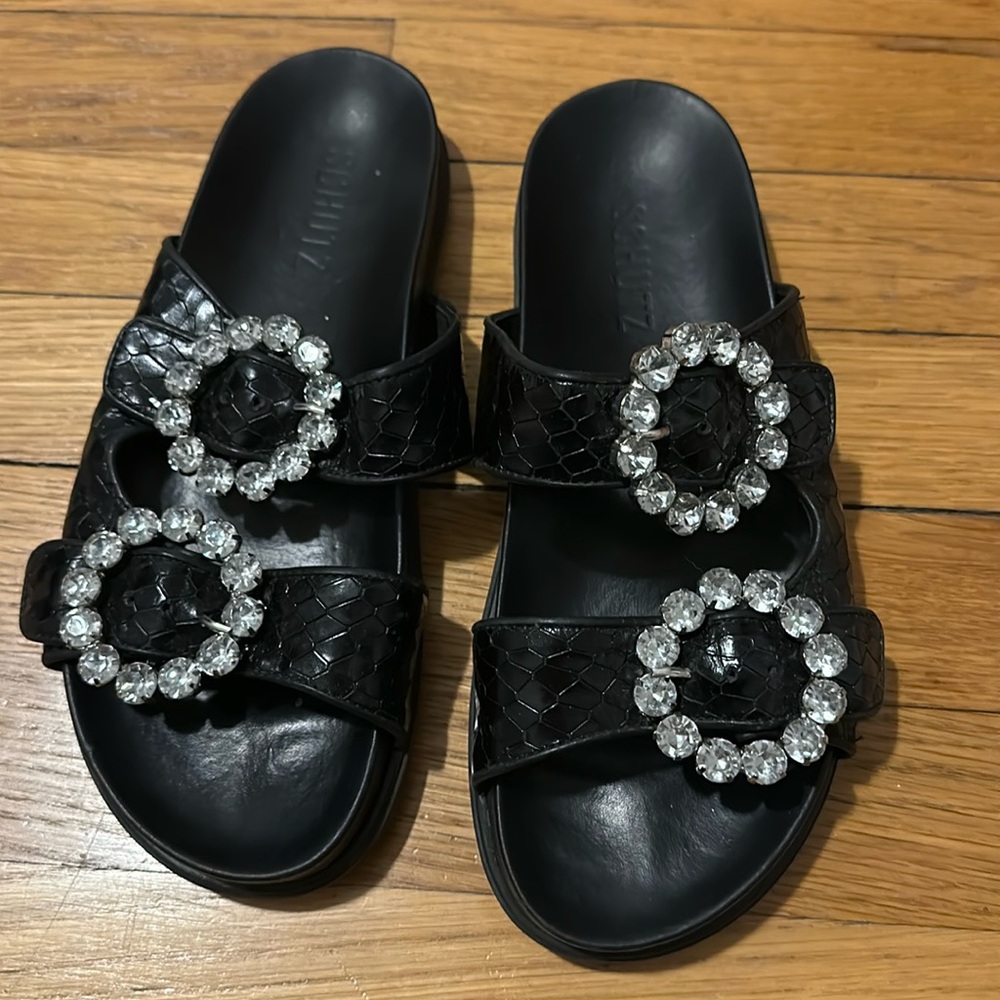 Schutz slides with rhinestone buckles. size 8
